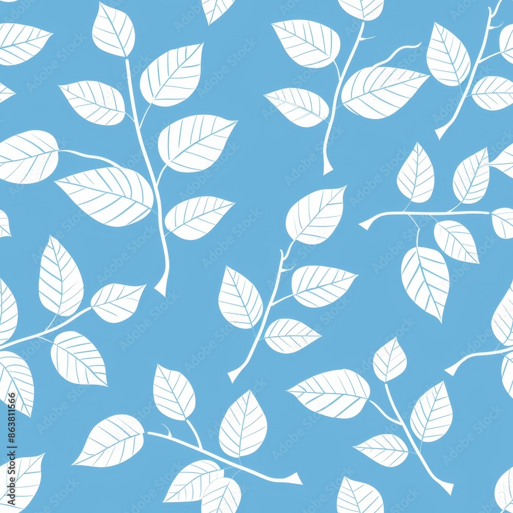 Fototapeta premium Seamless floral pattern with white tree branches and leaves on a blue background. Nature, spring, and environment concept. Ideal for fabric, wallpaper, and textile designs.