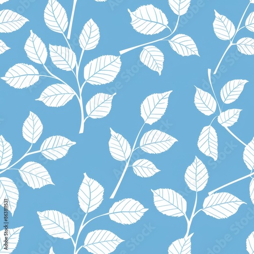 Seamless pattern with white leaves on blue background. Nature, floral, spring, summer, elegant, delicate, and minimalist design.