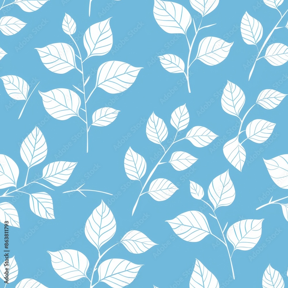 Obraz premium Seamless floral pattern with white leaves on a blue background. Ideal for fabric, wallpaper, packaging, and textile design.