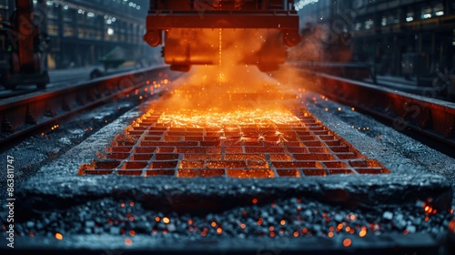 Wallpaper Mural Molten Metal Grid Formation in Factory. Molten metal forms a grid pattern in a factory, showcasing the intense heat and precision of industrial metalworking. Torontodigital.ca
