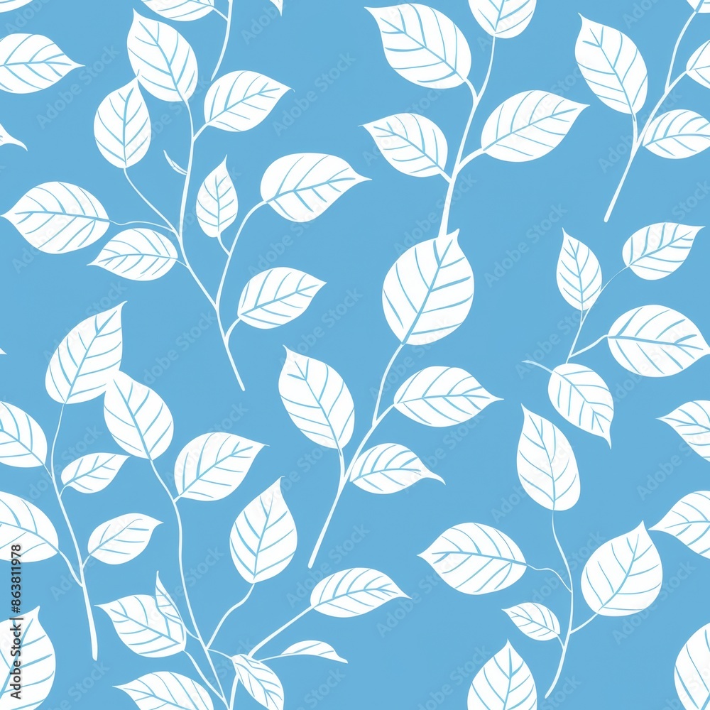 Fototapeta premium Seamless pattern with white leaves on blue background. Nature, floral, spring, summer, botanical, design, fabric, textile, wallpaper, wrapping paper, scrapbooking.