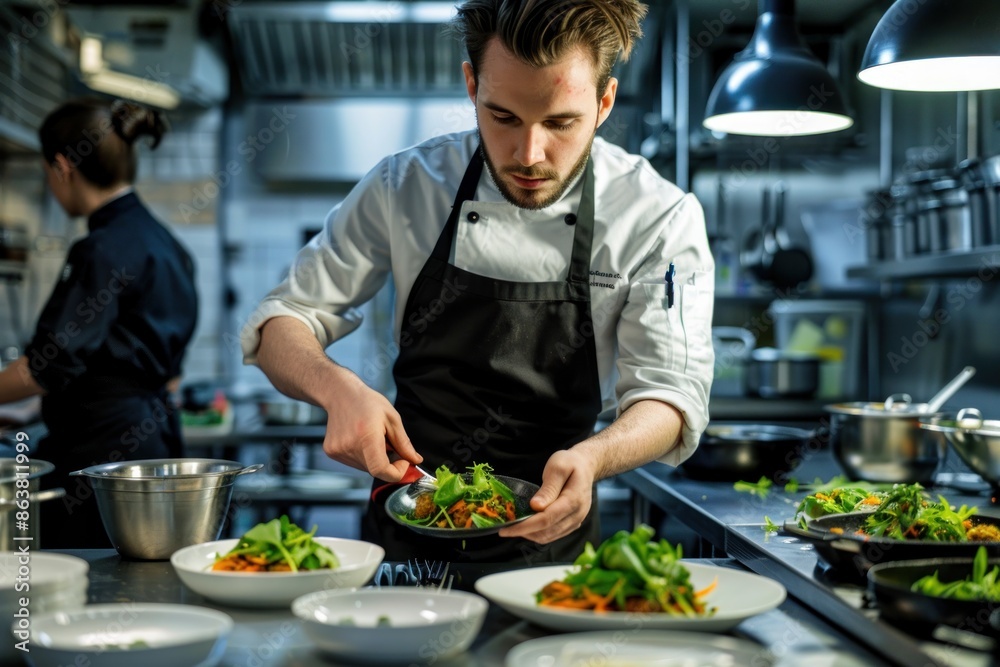 Portrait of a food stylist arranging dishes for a photo shoot, high quality photo, photorealistic, creative workspace, focused expression, Portrait of a food stylist arranging dishes for a photo shoot, high quality photo, photorealistic, creative workspace, focused expression,
