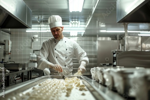 Portrait of a chef preparing ingredients in a clean food processing plant, hyper-realistic, high detail, photorealistic, focused expression, studio lighting,
