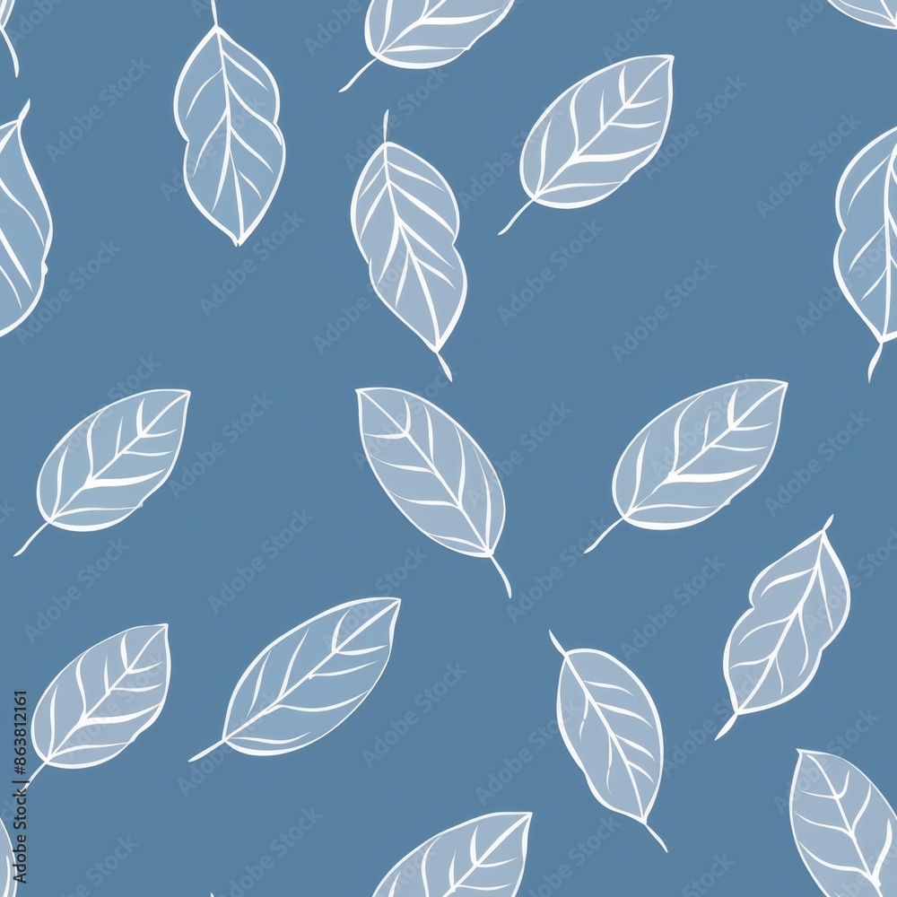 Fototapeta premium Seamless pattern with white leaves on blue background. Minimalist botanical print for fabric, wallpaper, wrapping paper. Nature, spring, summer, floral design.