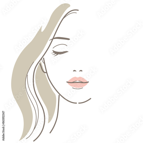 Front face of woman with eye closed. Illustration without skin color. Beauty, fashion, makeup, skincare concept. Vector illustration in line drawing, isolated on white background.