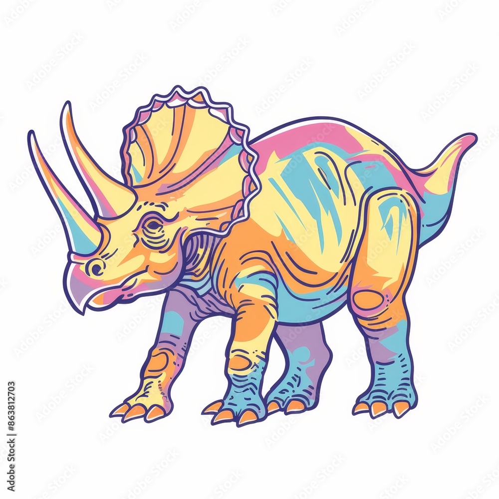 Fototapeta premium A single Triceratops dinosaur isolated on a green background. A blue image T. horridus and its epoccipital fringe.