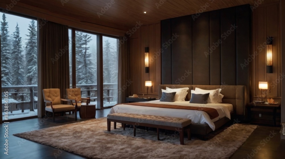 Cozy Modern Bedroom with Scenic View Cozy Modern Bedroom with Scenic View