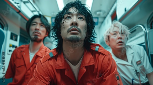 Men In Red Uniforms On Train