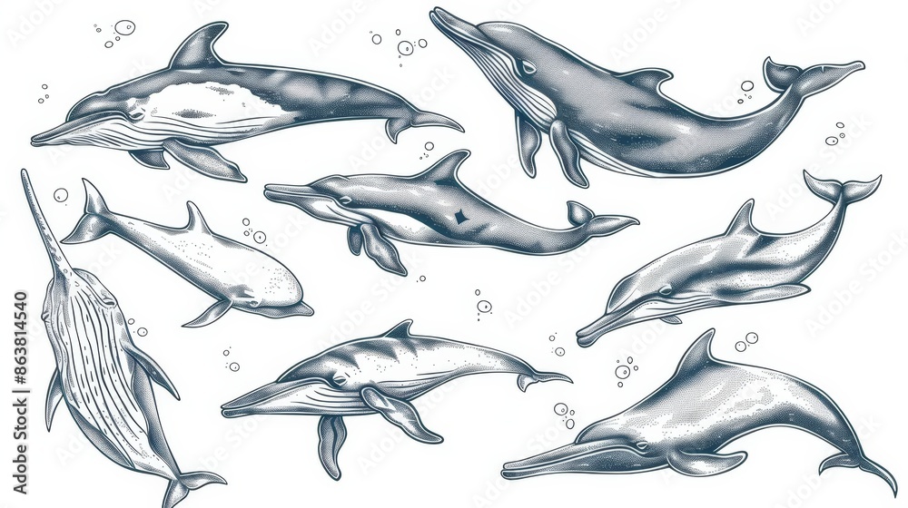Sea creatures, whales, dolphins, narwhal, and sperm whale modern sketches. Swimming and jumping underwater monsters, toothed whale, and bottlenose dolphin engravings. Sea creatures, whales, dolphins, narwhal, and sperm whale modern sketches. Swimming and jumping underwater monsters, toothed whale, and bottlenose dolphin engravings.