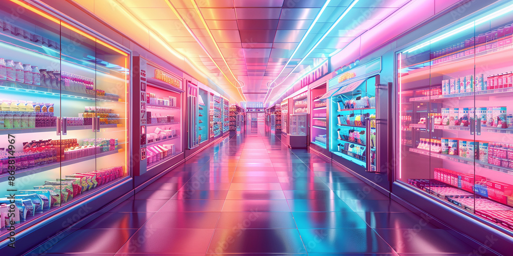 Futuristic Trendy Grocery Store - Neon Lit and Fashionable Futuristic Trendy Grocery Store - Neon Lit and Fashionable