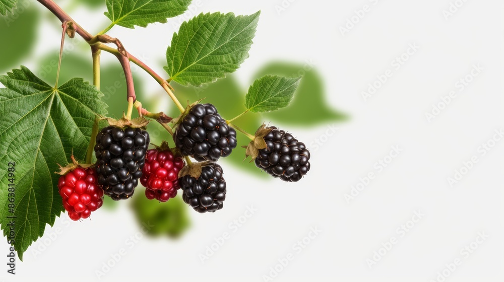 Blackberries on a branch with leaves isolated on a white background.