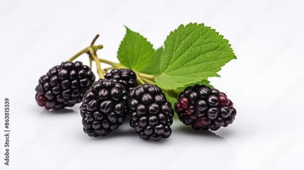 Blackberries on a branch with leaves isolated on a white background. Blackberries on a branch with leaves isolated on a white background.