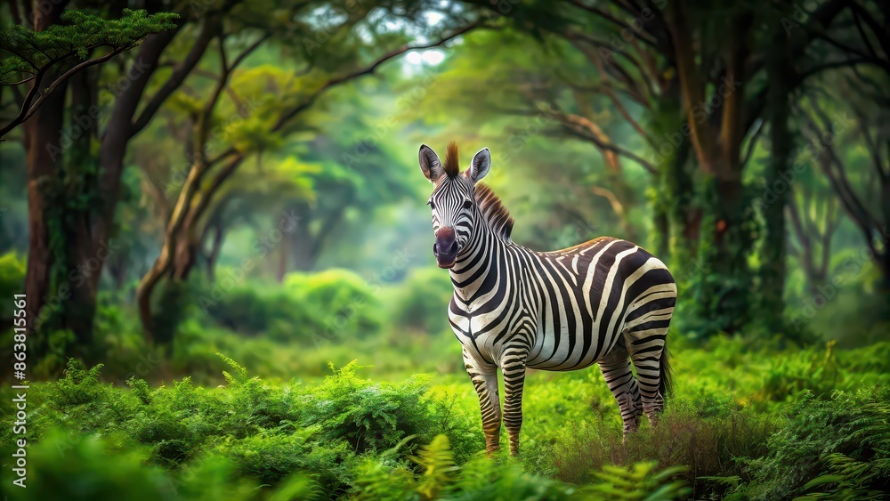 A zebra standing out boldly in a lush forest setting , wildlife, stripes, nature, black and white, unique, animal, African A zebra standing out boldly in a lush forest setting , wildlife, stripes, nature, black and white, unique, animal, African