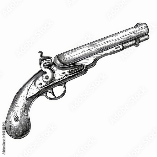 This monochrome sketch icon depicts a retro handgun of a pirates or cowboys, or a pistol of a duel soldier. A modern firelock musket from the marines, a steampunk pistol or a flintlock pistol, which photo