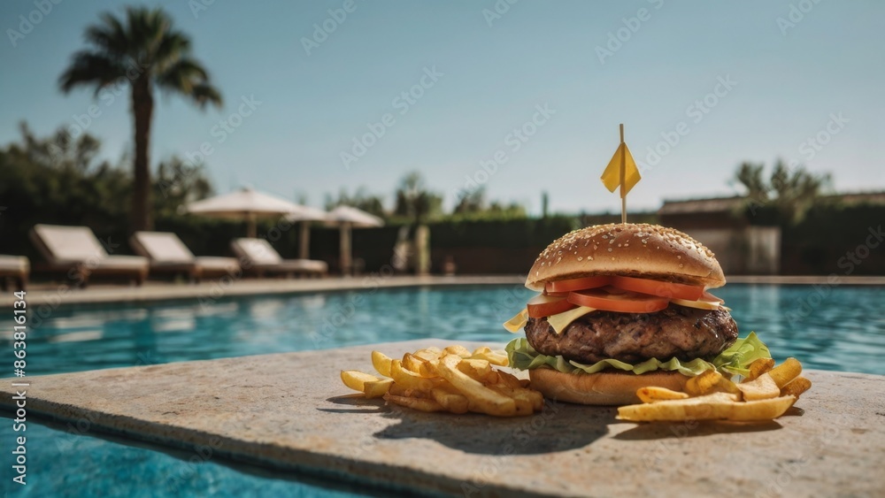 Obraz premium Burger and Fries by the Pool