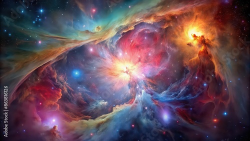 Vibrant image of the M42 Orion Nebula in the Orion Constellation, space, astronomy, celestial, nebula photo