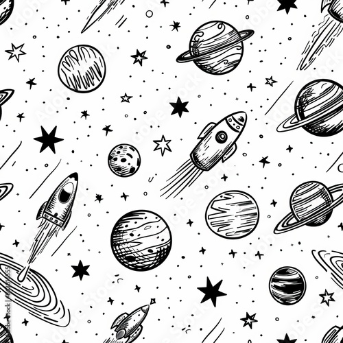 Galaxy universe modern background with hand drawn sketches of Earth, Moon, Saturn, Sun, and shooting stars, astronomy science pattern composed of doodle space planets, stars, comets, and asteroids.