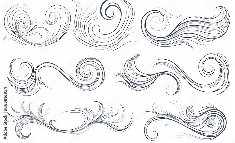 Linear icons of hurricane blow and windy storm wave, cartoon modern. Wind flow effects in line art, breeze wind blowing or hurricane speed motion with spiral windy twirls. Linear icons of hurricane blow and windy storm wave, cartoon modern. Wind flow effects in line art, breeze wind blowing or hurricane speed motion with spiral windy twirls.