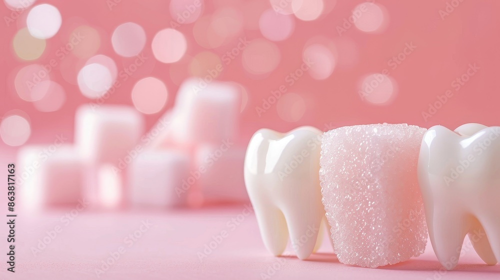 sugar and tooth model on pink background with bokeh - dental health concept. sugar and tooth model on pink background with bokeh - dental health concept.