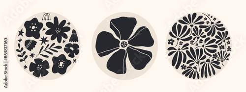 Abstract groovy floral posters. Modern trendy Matisse minimal style. Hand drawn round shape design for wallpaper, wall decor, print, postcard, cover, template, banner.