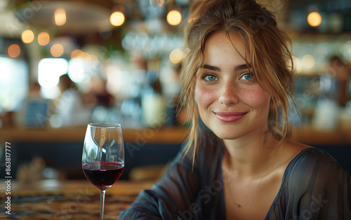 Joyful young woman with a charming smile holding a glass of red wine in a warmly lit, inviting wine bar atmosphere