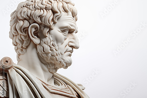 Roman bust sculpture on a white background. Topics related to ancient Rome. Roman civilization. Roman warlord. Archaeological discovery. Isolated image 