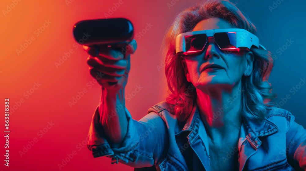 Portrait of a gray-haired woman wearing virtual reality glasses on a dark background. Adult woman having fun with viar glasses on neon background. Technology concept, happy retirement. Portrait of a gray-haired woman wearing virtual reality glasses on a dark background. Adult woman having fun with viar glasses on neon background. Technology concept, happy retirement.