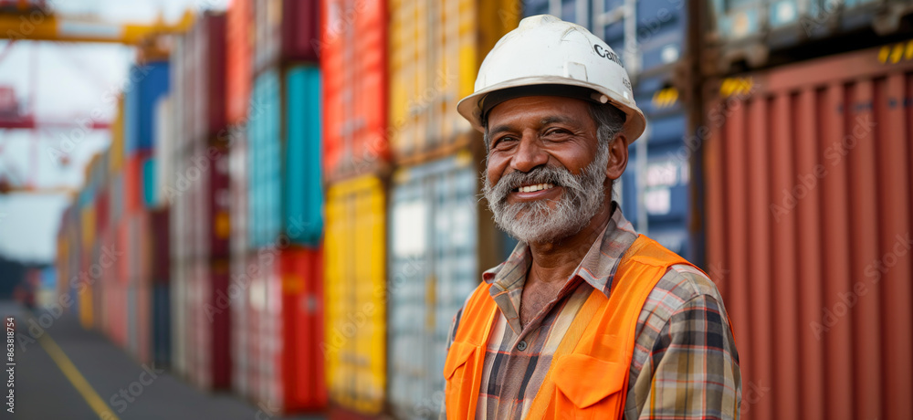 Indian worker standing in front of stacked shipping containers. Container terminal - freight shipping background. International trade banner. Import export concept. Indian worker standing in front of stacked shipping containers. Container terminal - freight shipping background. International trade banner. Import export concept.