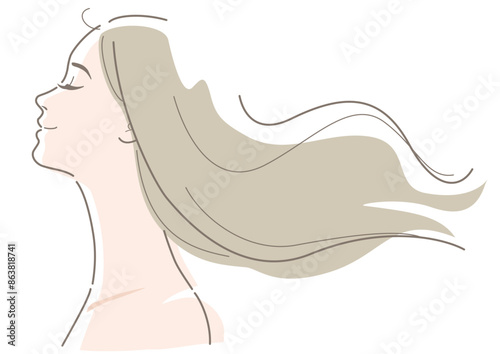 A woman smiling and her untied long hair blew in the wind. Vector illustration in line drawing, isolated on white background.