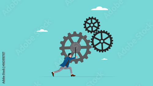 business driver, manager of business management or business strategy, business leadership skill, smart businessman turns gears to drive business turnover concept vector illustration