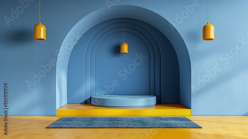 modern interior with an arched blue alcove set against a yellow wall, accented by three pendant lights and a circular yellow rug. It’s ideal for themes of interior design, architecture, and home decor