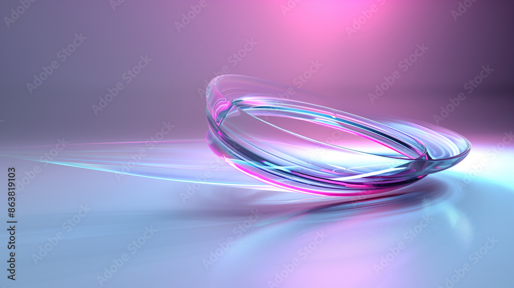 Colorful glass ring with neon light reflections on a reflective surface.