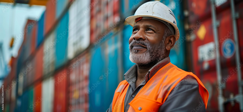 Indian worker standing in front of stacked shipping containers. Container terminal - freight shipping background. International trade banner. Import export concept. Indian worker standing in front of stacked shipping containers. Container terminal - freight shipping background. International trade banner. Import export concept.