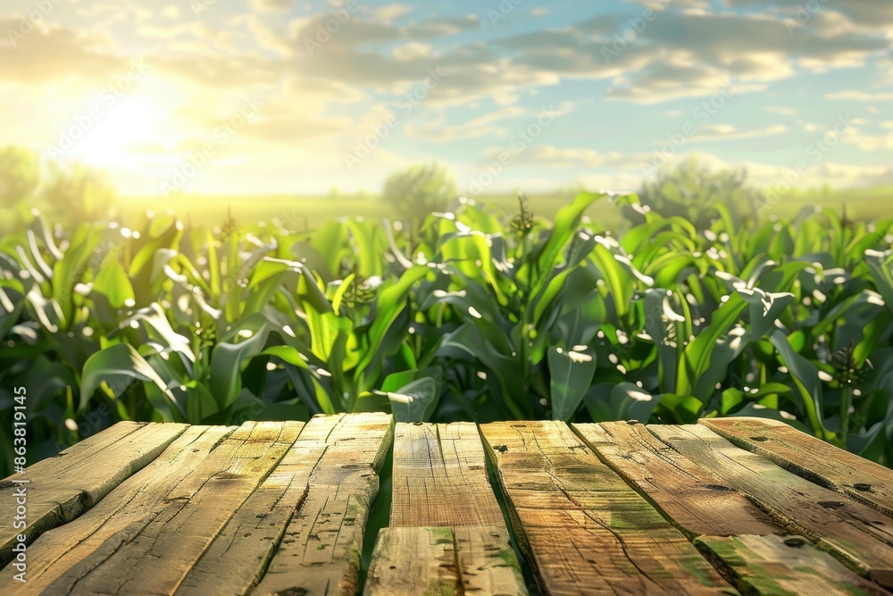 Obraz premium Sweet corn field and wooden table at Agriculture corn. 3D illustration, of free space for your texts and branding with generative ai