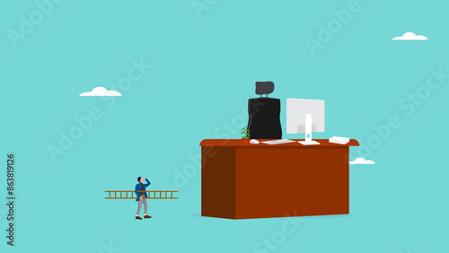 strategy to reacg career success on work, management and effort to achieve goals or success, businessman with ladder preparing to climb large work desk