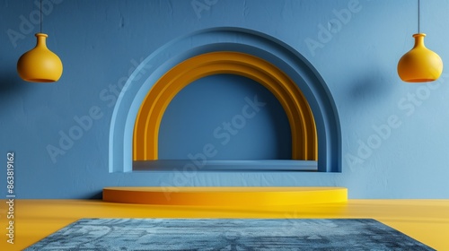 modern interior with an arched blue alcove set against a yellow wall, accented by three pendant lights and a circular yellow rug. It’s ideal for themes of interior design, architecture, and home decor
