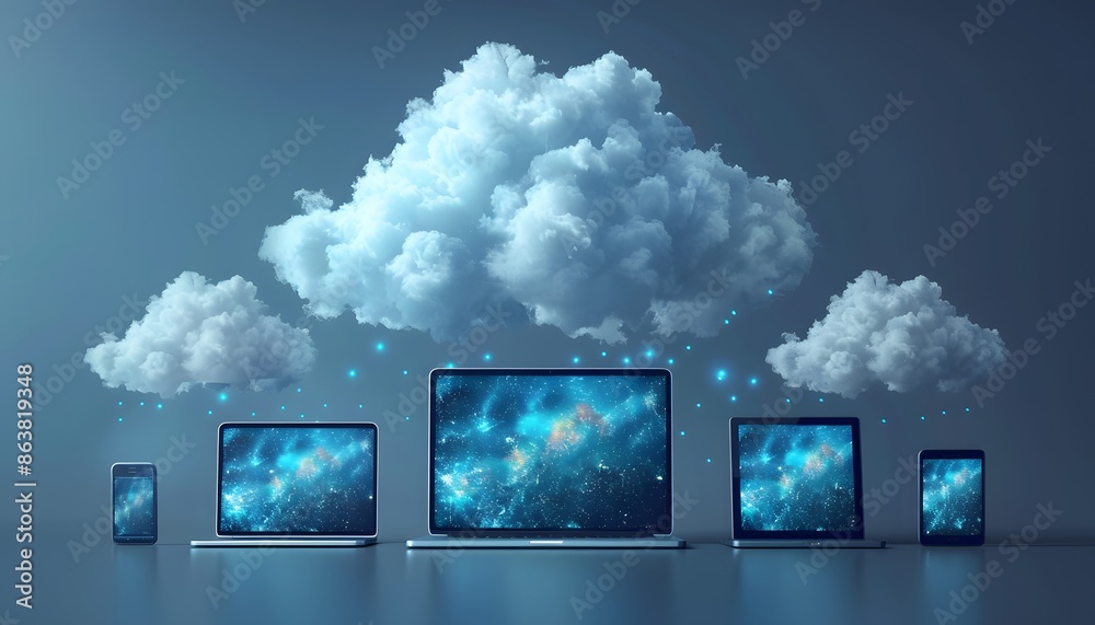 A cloud with a blue glow above multiple connected devices, including a laptop, a tablet and a phone. The image is a representation of the concept of cloud computing and data sharing. A cloud with a blue glow above multiple connected devices, including a laptop, a tablet and a phone. The image is a representation of the concept of cloud computing and data sharing.