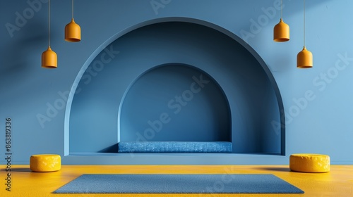 modern interior with an arched blue alcove set against a yellow wall, accented by three pendant lights and a circular yellow rug. It’s ideal for themes of interior design, architecture, and home decor
