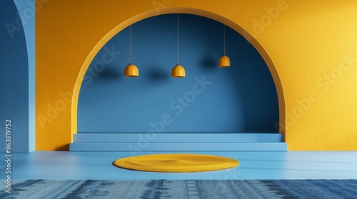 modern interior with an arched blue alcove set against a yellow wall, accented by three pendant lights and a circular yellow rug. It’s ideal for themes of interior design, architecture, and home decor