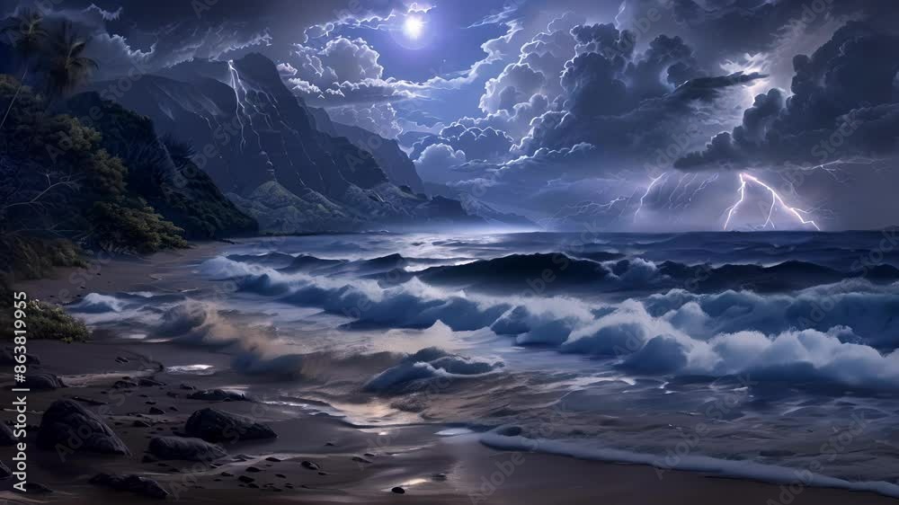 Whispering waves lapped against the shore dark blue waters illuminated by flickering lightning bolts. Whispering waves lapped against the shore dark blue waters illuminated by flickering lightning bolts.