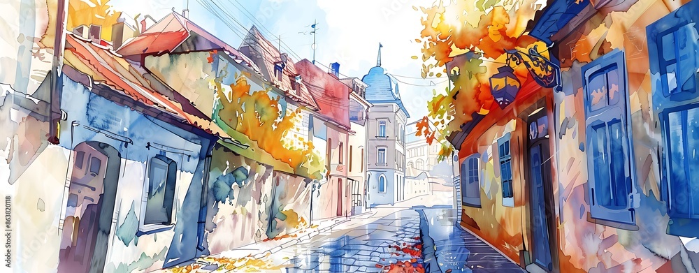 Watercolor illustration of a quaint street in a small town Watercolor illustration of a quaint street in a small town
