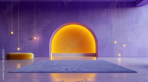 modern interior with an arched blue alcove set against a yellow wall, accented by three pendant lights and a circular yellow rug. It’s ideal for themes of interior design, architecture, and home decor