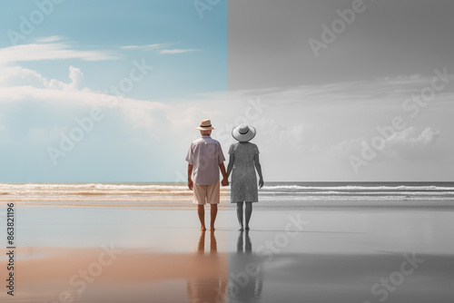 An elderly couple at the seaside, concept of nostalgia for a dead loved one.