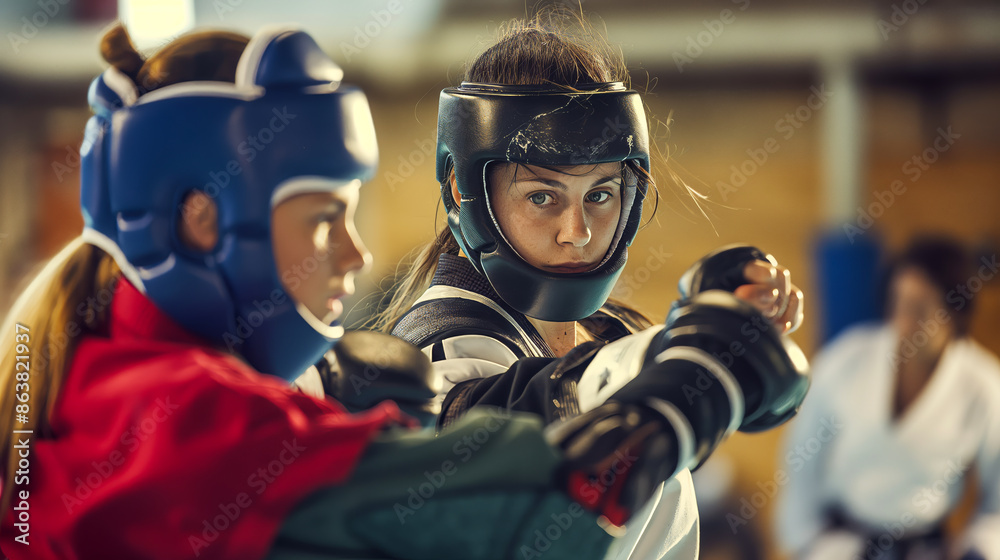 Two female martial artists sparring in full protective gear in an indoor dojo with onlookers observing the match intently. Two female martial artists sparring in full protective gear in an indoor dojo with onlookers observing the match intently.