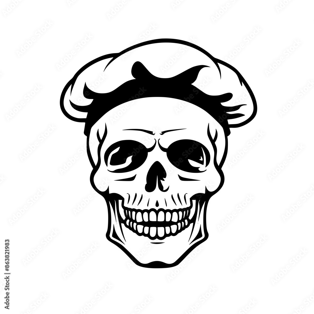 Chef Skull with Hat Illustration, Bold black and white illustration of a skull wearing a chef hat, blending culinary and gothic themes for a unique and edgy design.
