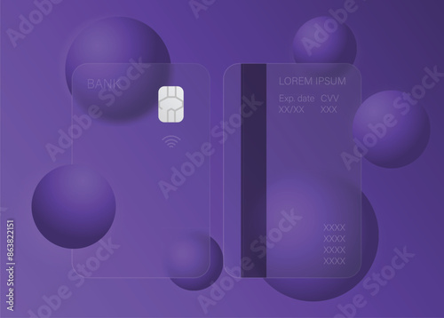 Credit card in Glassmorphism design. Credit card vertical design, cashless payment concept. Vector illustration eps10