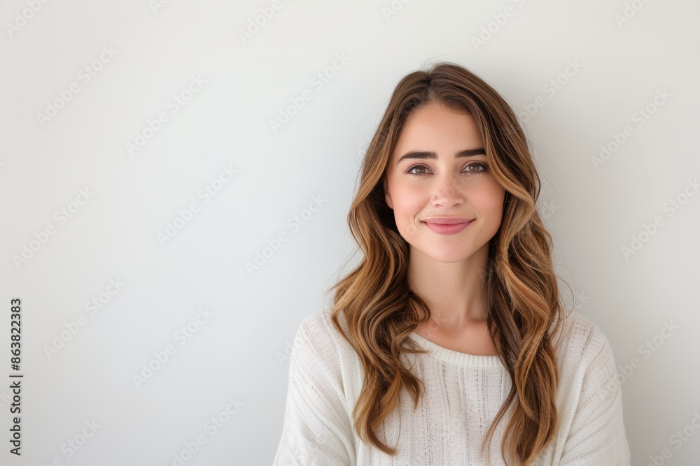 Woman in White Top Smiling Against Plain Background. Generative AI. Woman in White Top Smiling Against Plain Background. Generative AI.