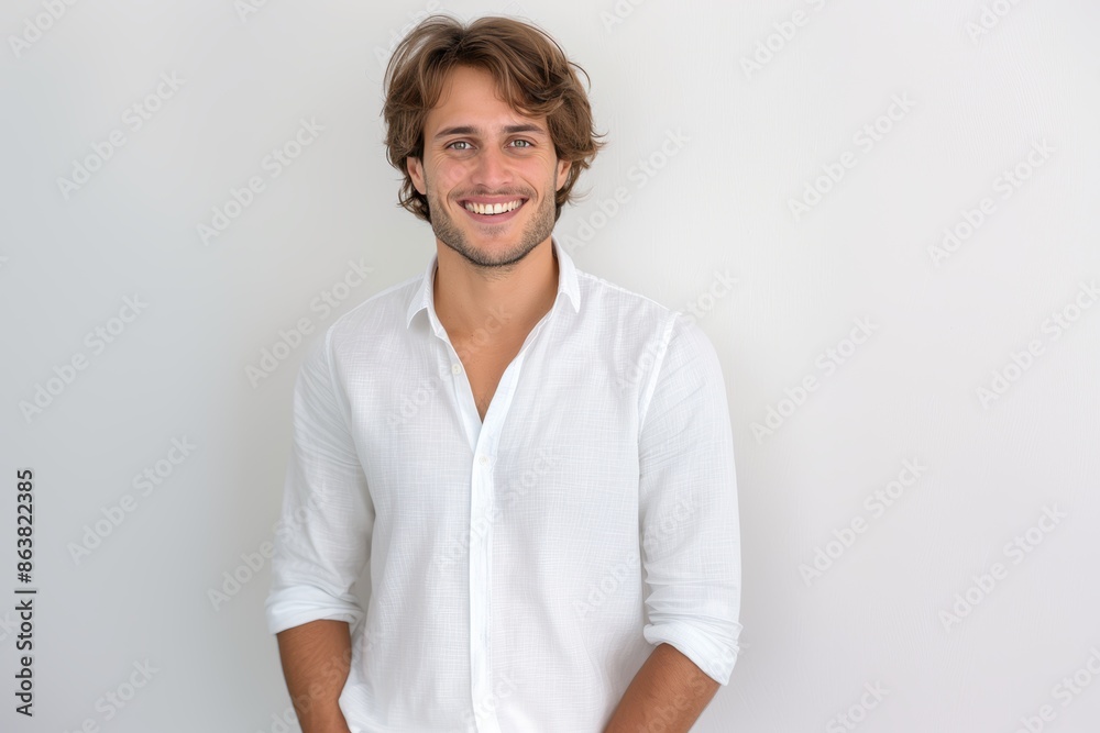 Young Man in White Shirt Smiling with Hands in Pockets. Generative AI. Young Man in White Shirt Smiling with Hands in Pockets. Generative AI.