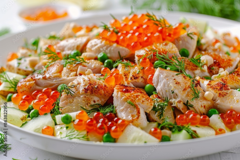 Olivier Salad or Russian Salad with Roasted Quail and Red Caviar on White Plate, Diced Meat and Vegetables Olivier Salad or Russian Salad with Roasted Quail and Red Caviar on White Plate, Diced Meat and Vegetables