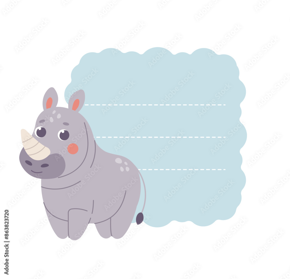 Fototapeta premium Animal sticky note. Rhinoceros paper memo pad. Reminder pad. Сute childrens character. 